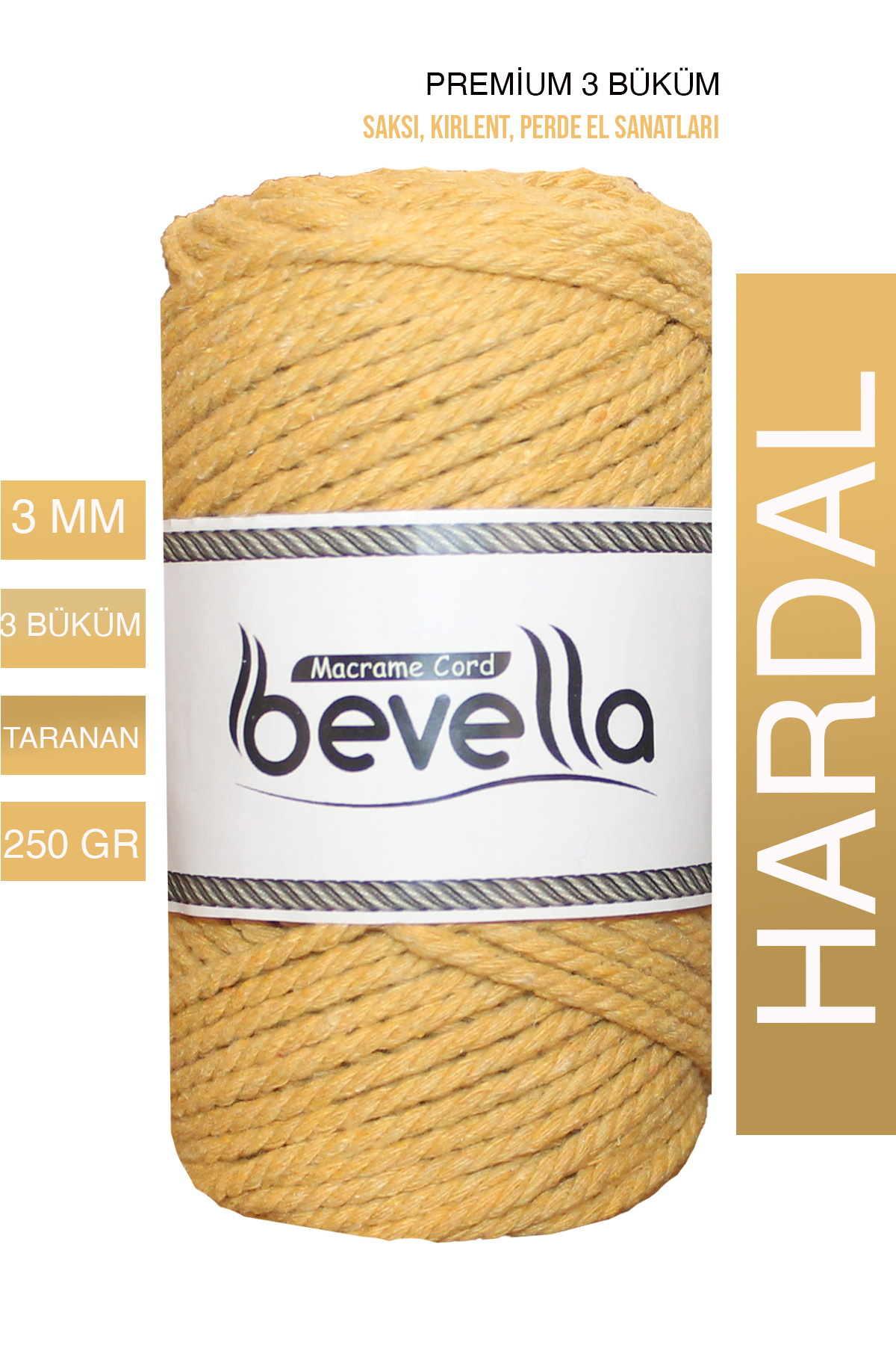 3-Ply Baumwoll-Makramee-Garn Senfgelb - Bevella
