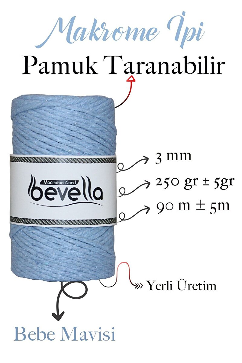 3mm Bebe Mavisi Taranabilir Pamuk Makrome İpi – Tek Büküm - Detay Görüntü