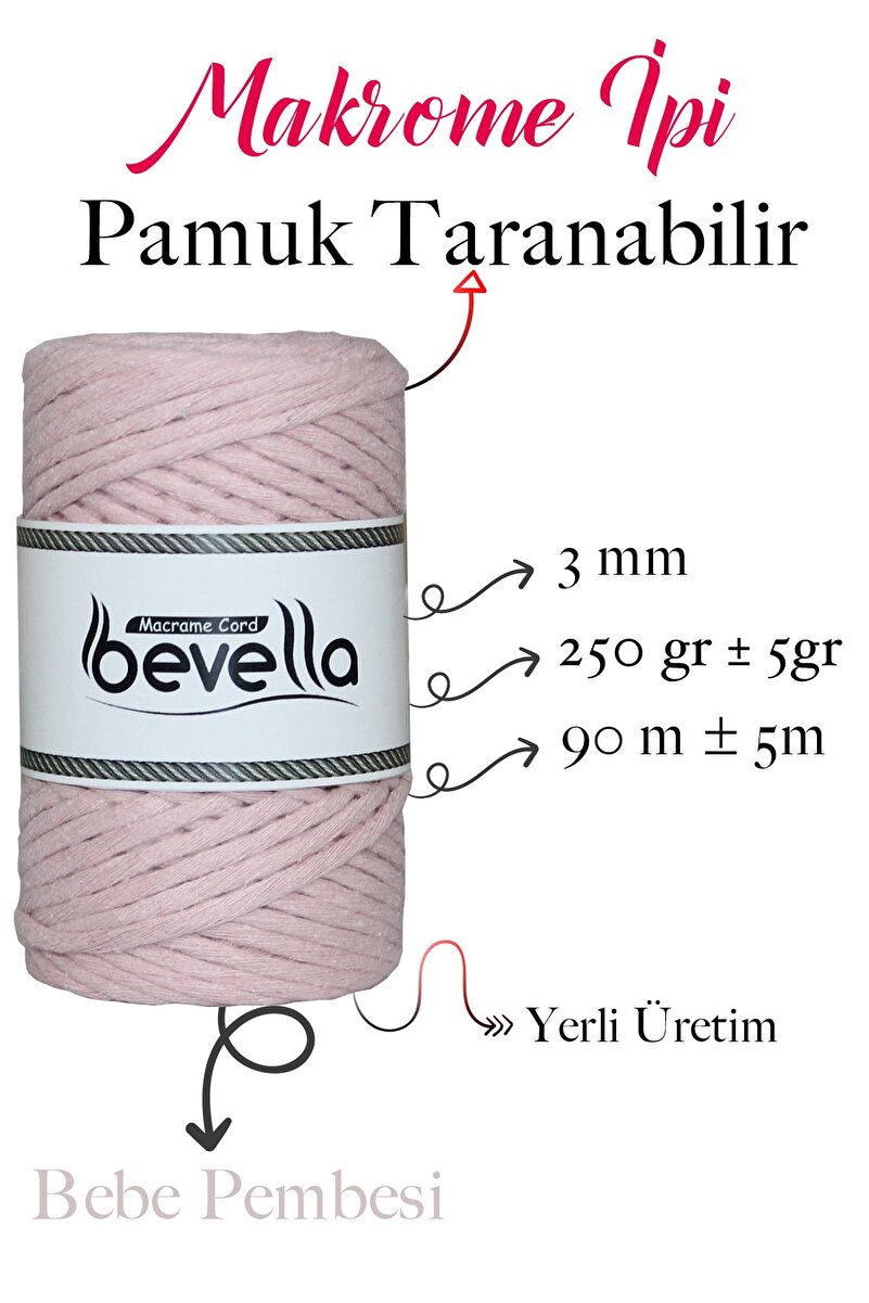 3mm Bebe Pembesi Taranabilir Pamuk Makrome İpi – Tek büküm (taranabilir) - Detay Görüntü