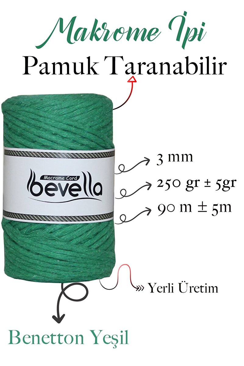 3mm Benetton Yeşil Taranabilir Pamuk Makrome İpi – Tek büküm (taranabilir) - Detay Görüntü