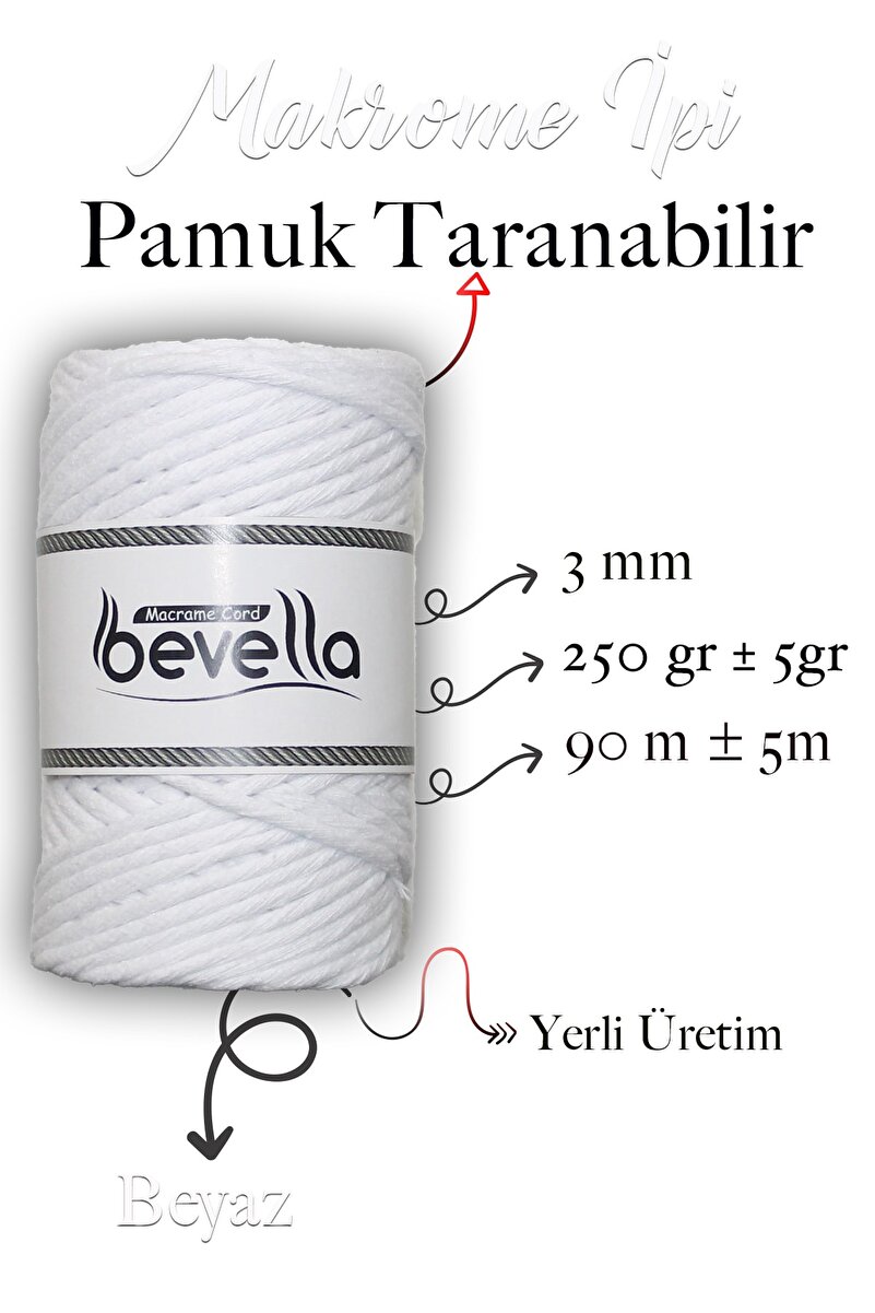 3mm Beyaz Taranabilir Pamuk Makrome İpi – Tek büküm (taranabilir) - Detay Görüntü