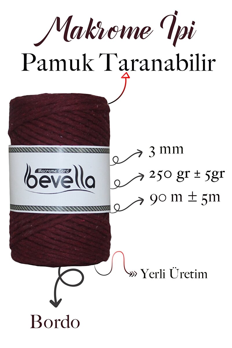 3mm Bordo Taranabilir Pamuk Makrome İpi – Tek Büküm - Detay Görüntü