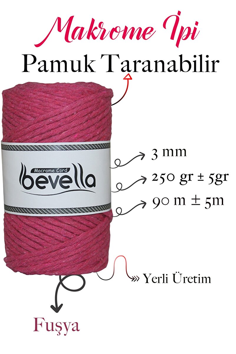 3mm Fuşya Taranabilir Pamuk Makrome İpi – Tek büküm (taranabilir) - Detay Görüntü