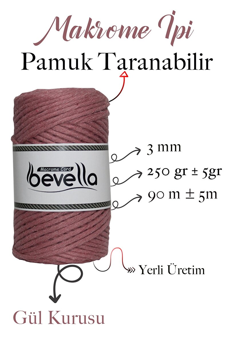 3mm Gül Kurusu Taranabilir Pamuk Makrome İpi – Tek büküm (taranabilir) - Detay Görüntü