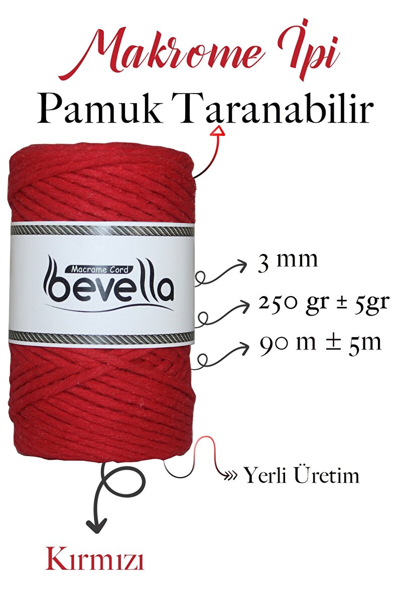 3mm Kırmızı Taranabilir Pamuk Makrome İpi – Tek Büküm - Detay Görüntü