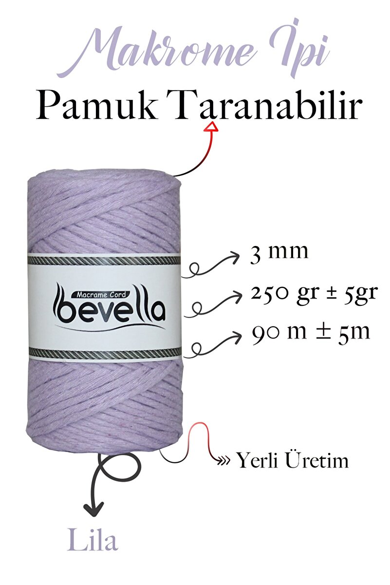 3mm Lila Taranabilir Pamuk Makrome İpi – Tek büküm (taranabilir) - Detay Görüntü
