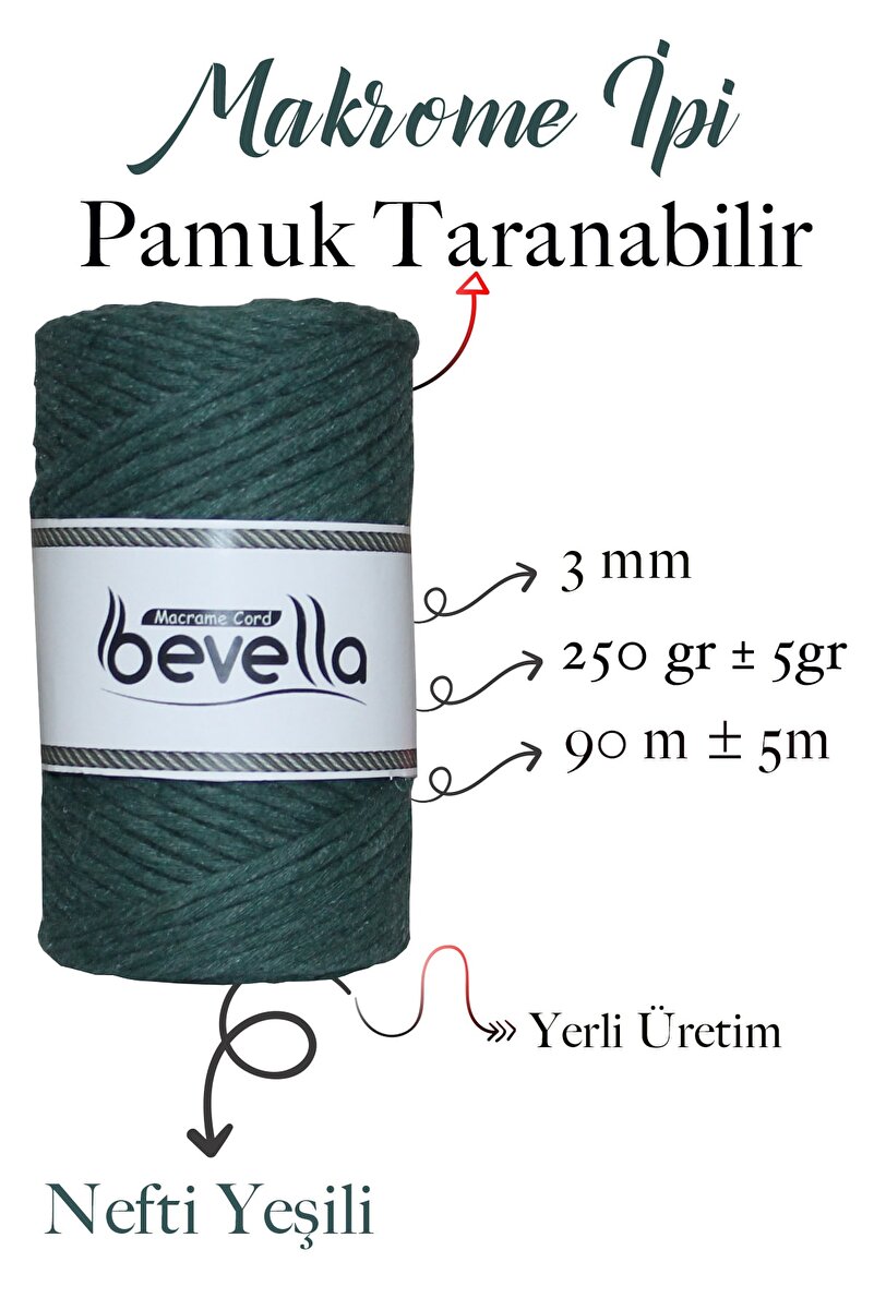 3mm Nefti Yeşil Taranabilir Pamuk Makrome İpi – Tek büküm (taranabilir) - Detay Görüntü