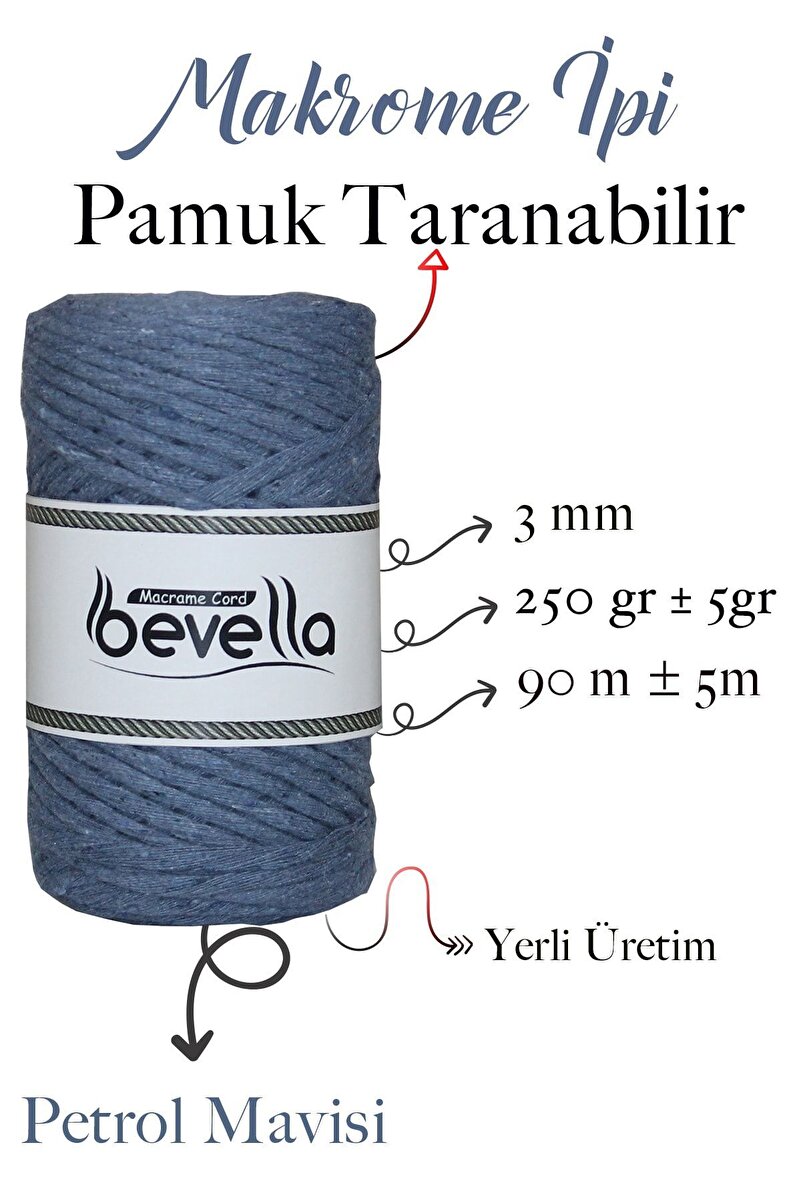 3mm Petrol Mavisi Taranabilir Pamuk Makrome İpi – Tek Büküm - Detay Görüntü