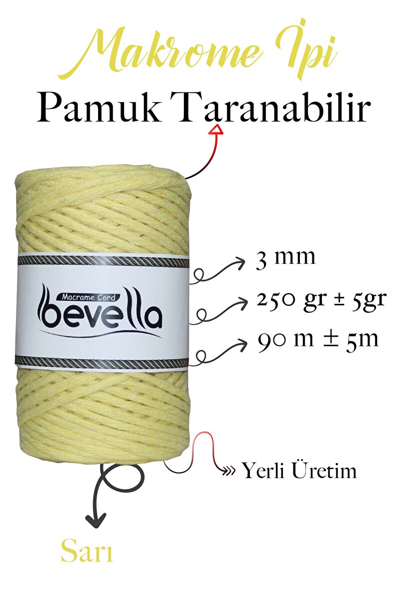 3mm Sarı Taranabilir Pamuk Makrome İpi – Tek büküm (taranabilir) - Detay Görüntü