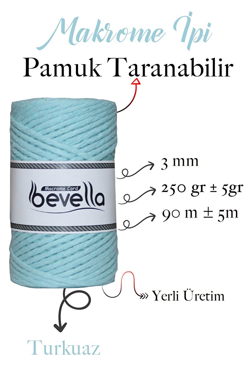 3mm Turkuaz Taranabilir Pamuk Makrome İpi – Tek büküm (taranabilir) - Detay Görüntü